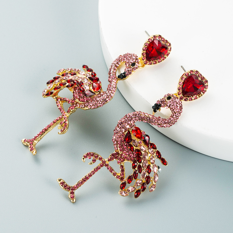 Personality Creative Alloy Inlaid Rhinestone Full Diamond Flamingo Earrings Animal Earrings display picture 6