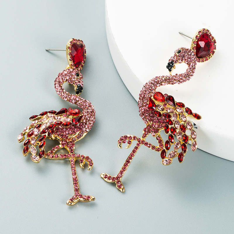 Personality Creative Alloy Inlaid Rhinestone Full Diamond Flamingo Earrings Animal Earrings display picture 7