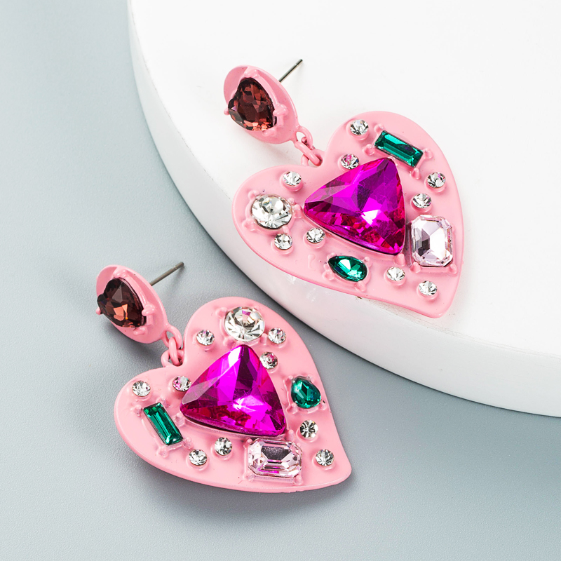 Creative Spray Paint Rhinestone Diamond Heart-shaped Earrings display picture 3