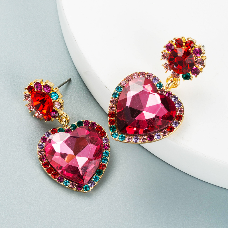 Creative Personality Alloy Studded With Rhinestone Glass Diamond Heart-shaped Earrings display picture 4