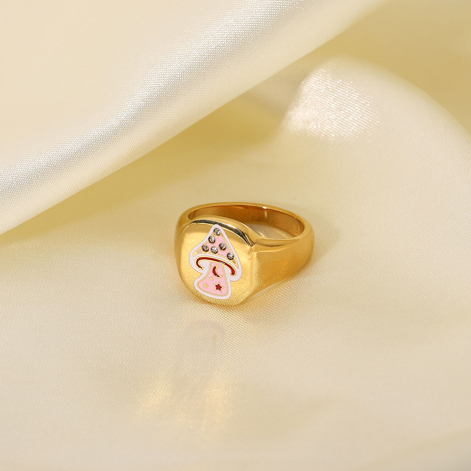 Cute Pink Mushroom Ring Dripping Oil Rhinestone Stainless Steel Mushroom Ring display picture 6