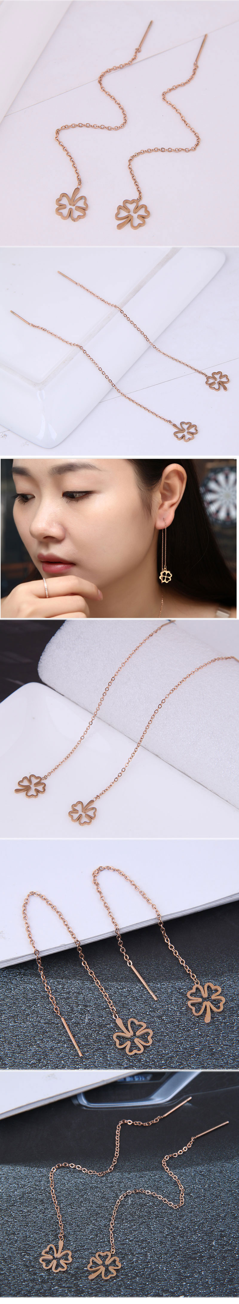 Korean Fashion Long Earrings Simple Four-leaf Clover Titanium Steel Personalized Earrings display picture 1