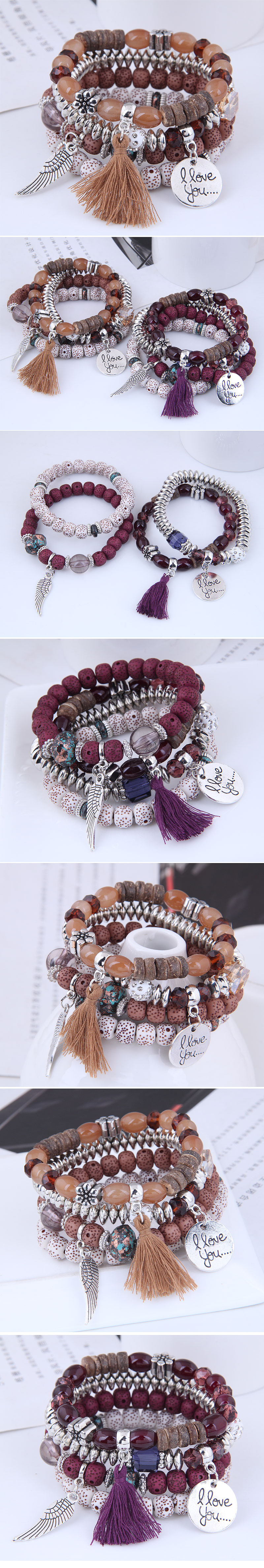 Fashion Concise And Versatile Disc Love Wings Tassel Personality Bead Temperament Multi-layer Bracelet display picture 1