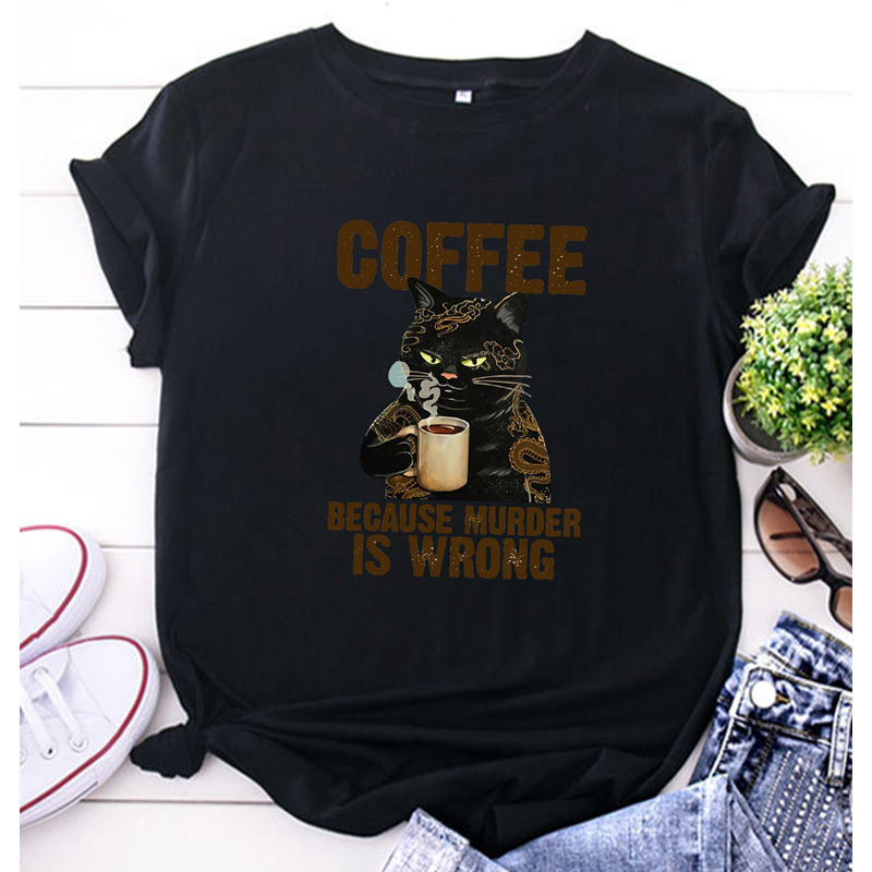 Cartoon Black Cat Letter Printing Casual Short-sleeved T-shirt Women display picture 1