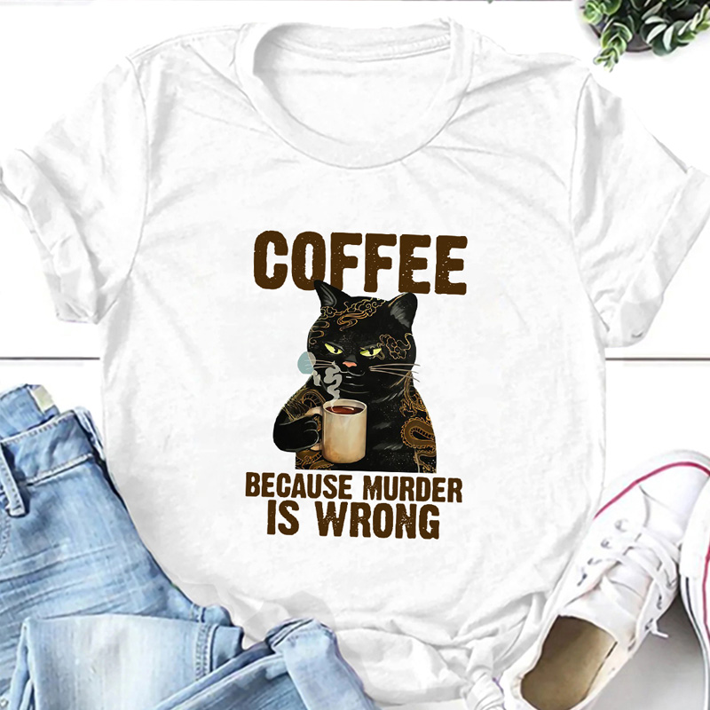 Cartoon Black Cat Letter Printing Casual Short-sleeved T-shirt Women display picture 2