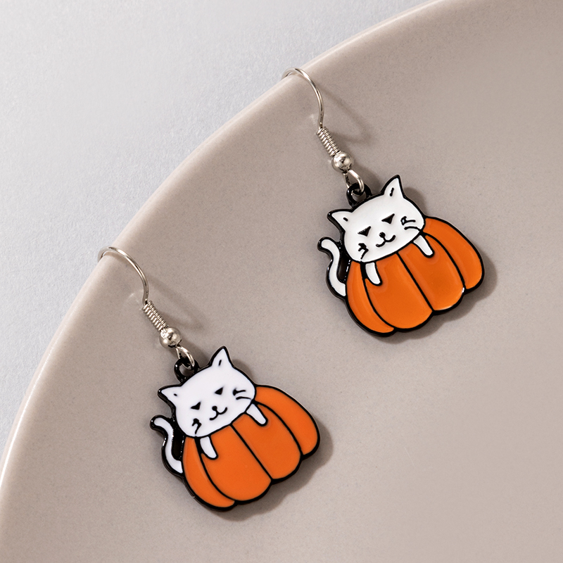 New Halloween Orange Cat Earrings display picture 3