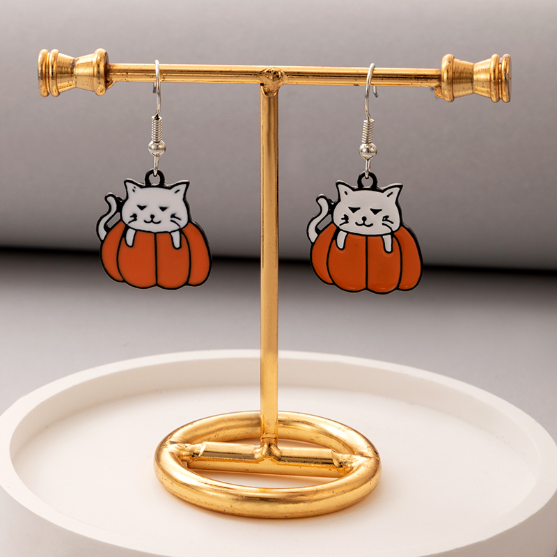 New Halloween Orange Cat Earrings display picture 6