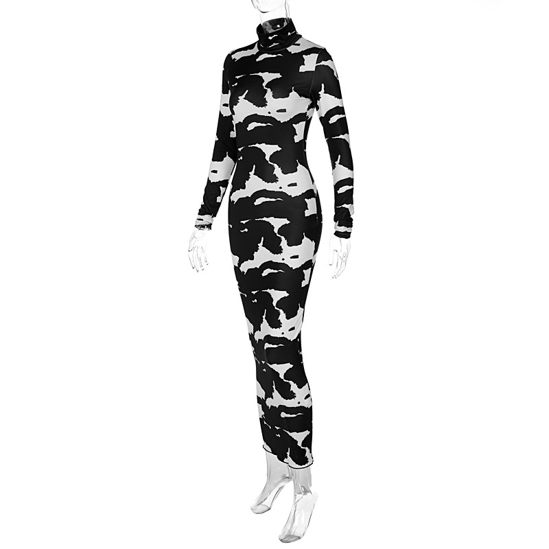 Women's 2021 Fall Winter New Fashion Print High Neck Long Sleeve Slim Dress display picture 5