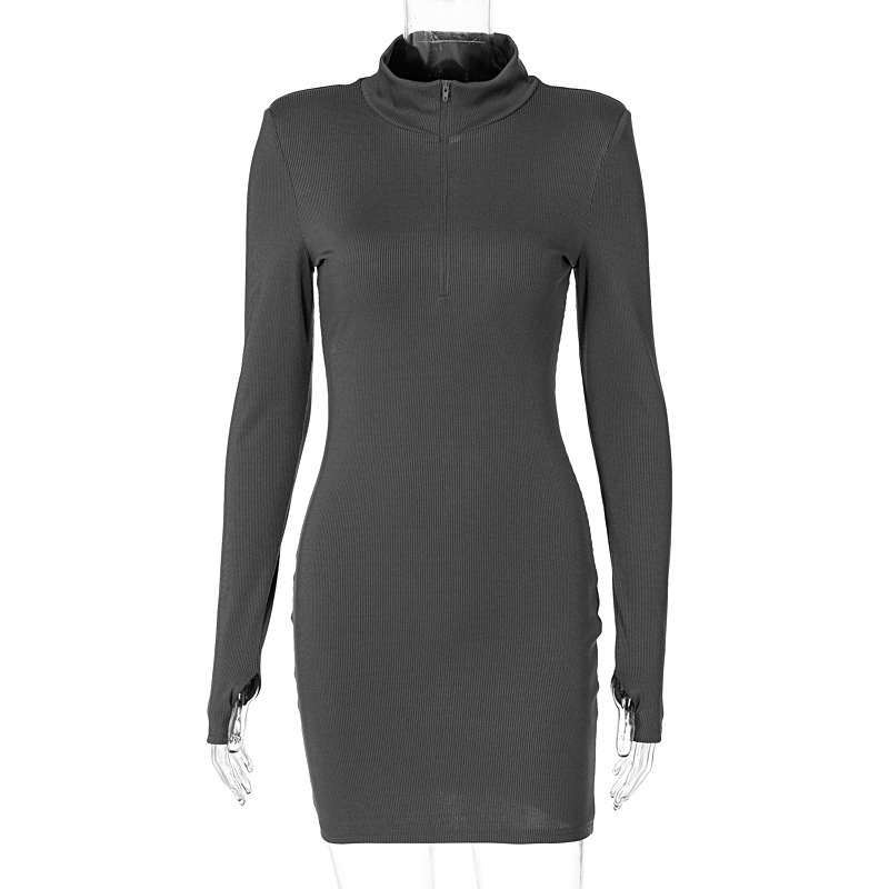 Women's 2021 New Autumn And Winter Fashion High-neck Zipper Long-sleeved Finger Sleeve Dress display picture 6