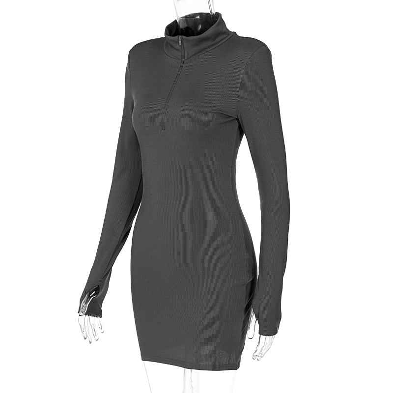 Women's 2021 New Autumn And Winter Fashion High-neck Zipper Long-sleeved Finger Sleeve Dress display picture 7
