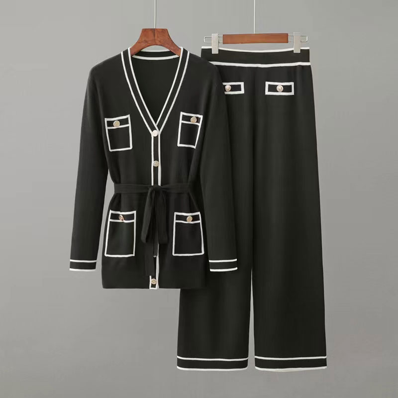 Fashion Long-sleeved Knit Suit Lace-up Waist Mid-length V-neck Cardigan Wide-leg Trousers Two-piece Female display picture 2