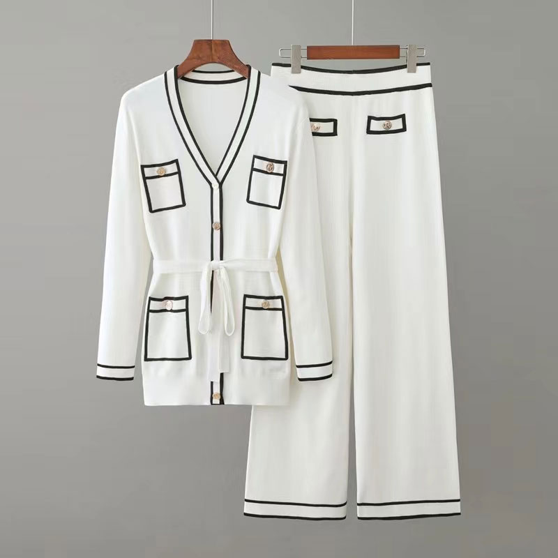 Fashion Long-sleeved Knit Suit Lace-up Waist Mid-length V-neck Cardigan Wide-leg Trousers Two-piece Female display picture 3
