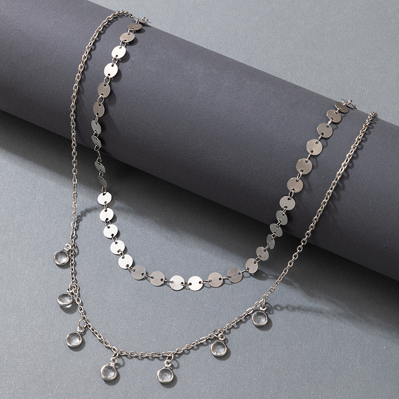 2021 Koreanische Version Der Neuen Mehrschichtigen Halskette Mit Strasssteinen Aus Silberscheibe, Zweischichtige Halskette display picture 3