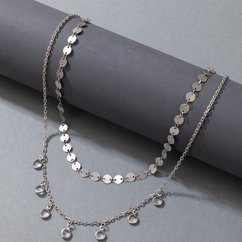 2021 Koreanische Version Der Neuen Mehrschichtigen Halskette Mit Strasssteinen Aus Silberscheibe, Zweischichtige Halskette display picture 6
