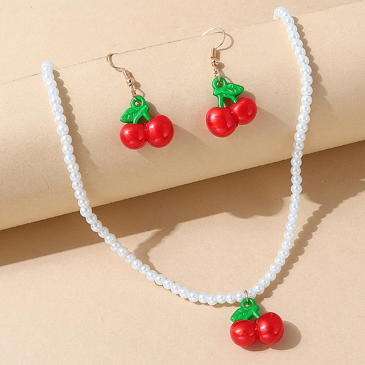 Koreanische Frucht Kreative Retro Perlenkirsche Ohrringe Halskette Set display picture 1
