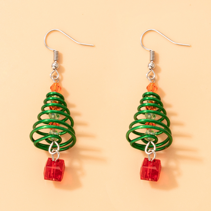 Christmas Day New Green Christmas Tree Spiral Ear Hook Geometric Beaded Pendant Earrings display picture 3