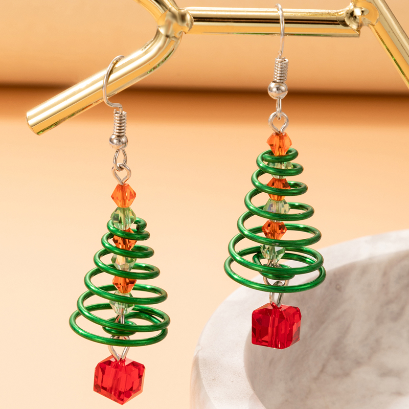 Christmas Day New Green Christmas Tree Spiral Ear Hook Geometric Beaded Pendant Earrings display picture 4