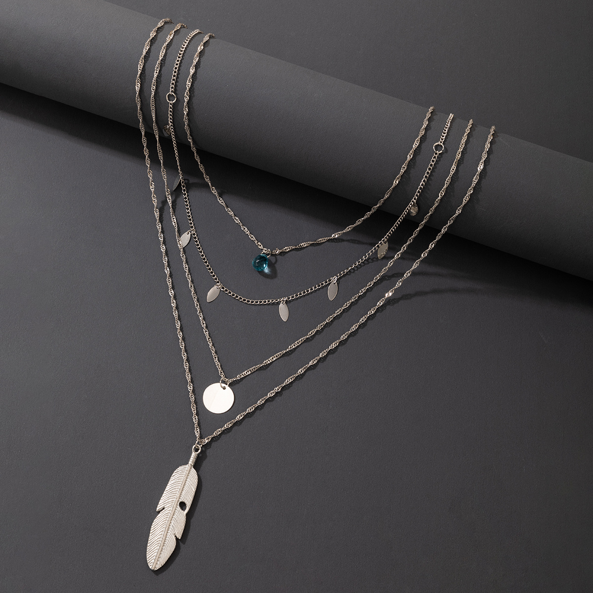Exaggerated Hip-hop Jewelry Metal Feather Multi-layer Necklace Chain Disc Four-layer Necklace display picture 2