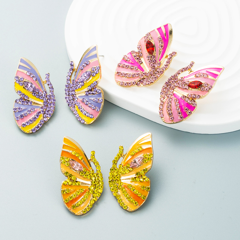 Korean New Earrings Alloy Drop Oil Diamond Rhinestone Butterfly Earrings Female Wholesale display picture 2