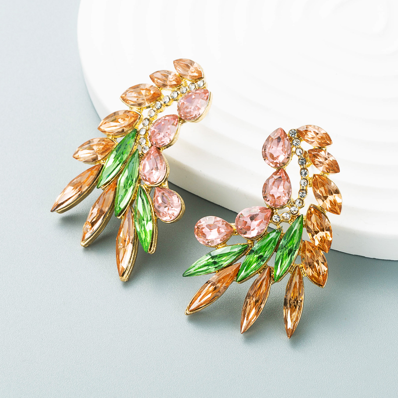 Fashion Color Diamond Series Creative Alloy Diamond Rhinestone Leaf Earrings display picture 3