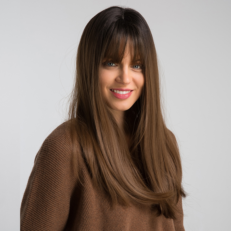 Brown Long Straight Hair With Bangs Women's Daily Wig display picture 1