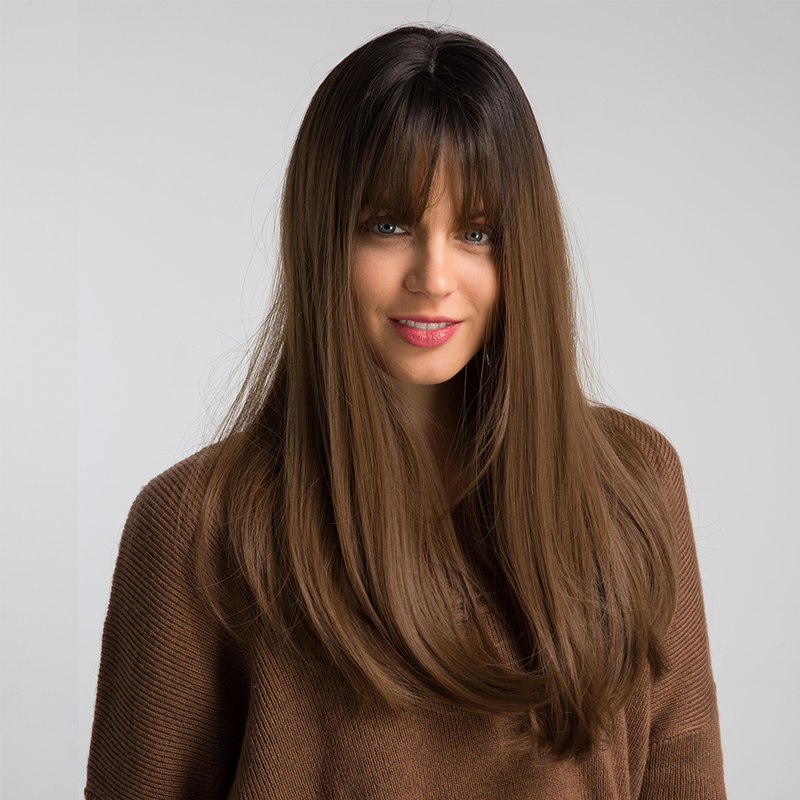 Brown Long Straight Hair With Bangs Women's Daily Wig display picture 4