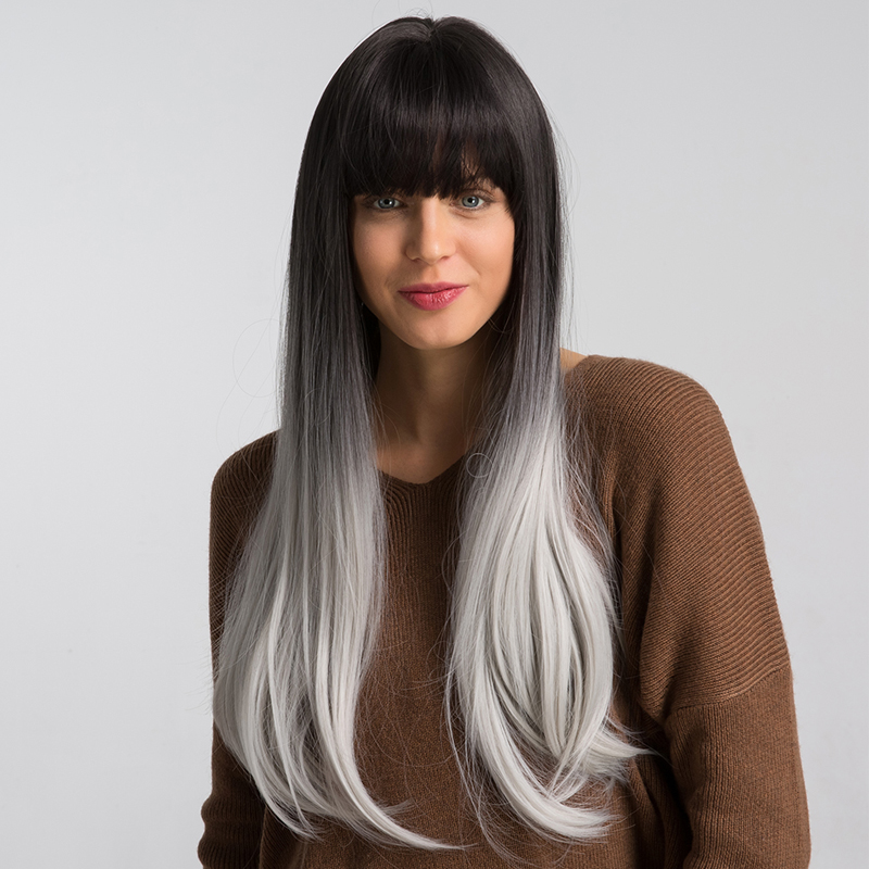 Long Straight Gradient Black Gray Grayish White Synthetic Wig With Bangs Cosplay Wig display picture 1