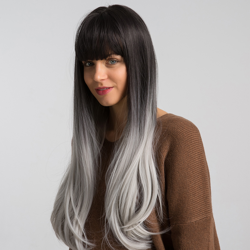 Long Straight Gradient Black Gray Grayish White Synthetic Wig With Bangs Cosplay Wig display picture 3