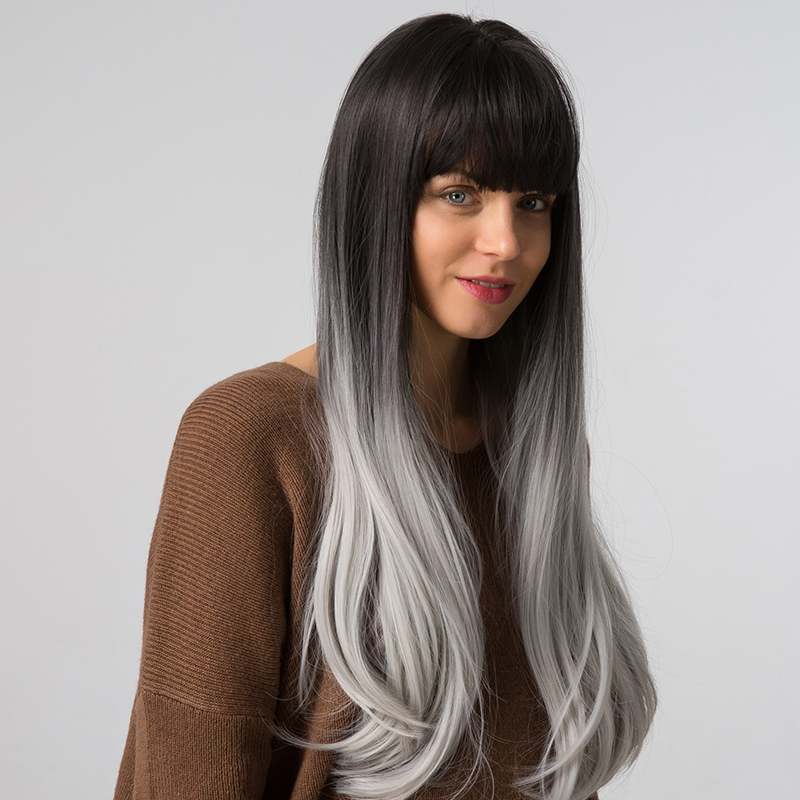 Long Straight Gradient Black Gray Grayish White Synthetic Wig With Bangs Cosplay Wig display picture 4