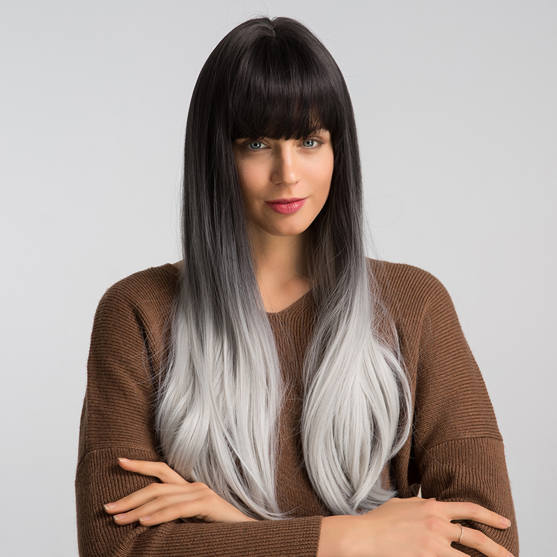 Long Straight Gradient Black Gray Grayish White Synthetic Wig With Bangs Cosplay Wig display picture 5