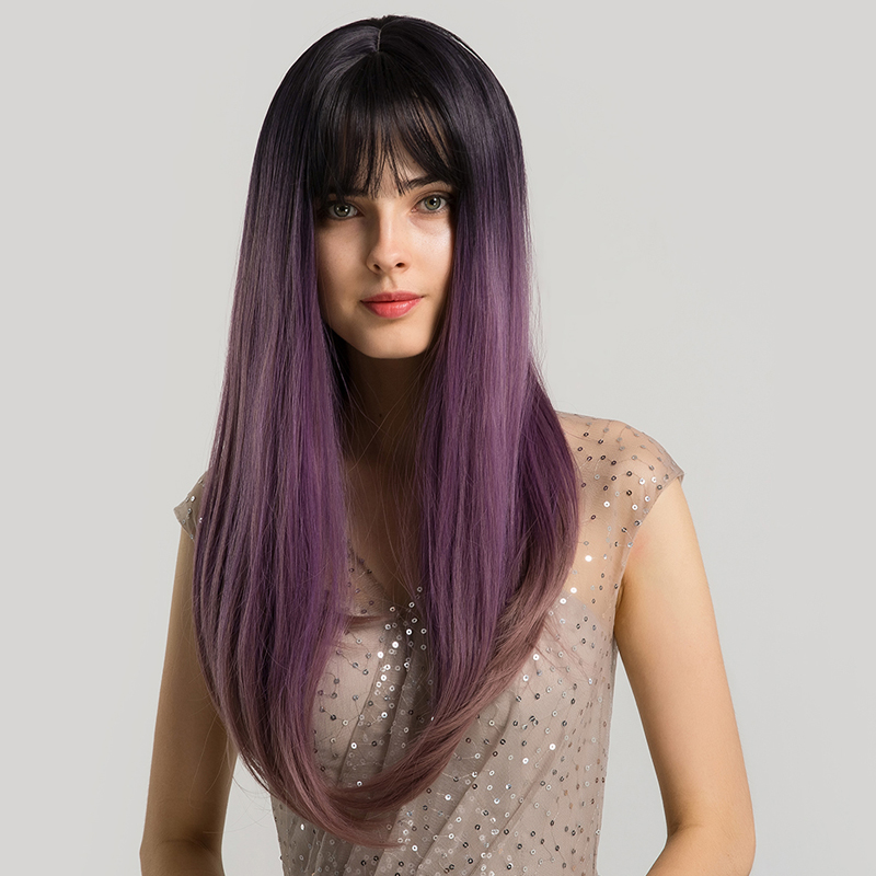 Perruques Synthétiques Violettes Dégradées De Cheveux Longs Avec Frange Perruques Pour Femmes display picture 1