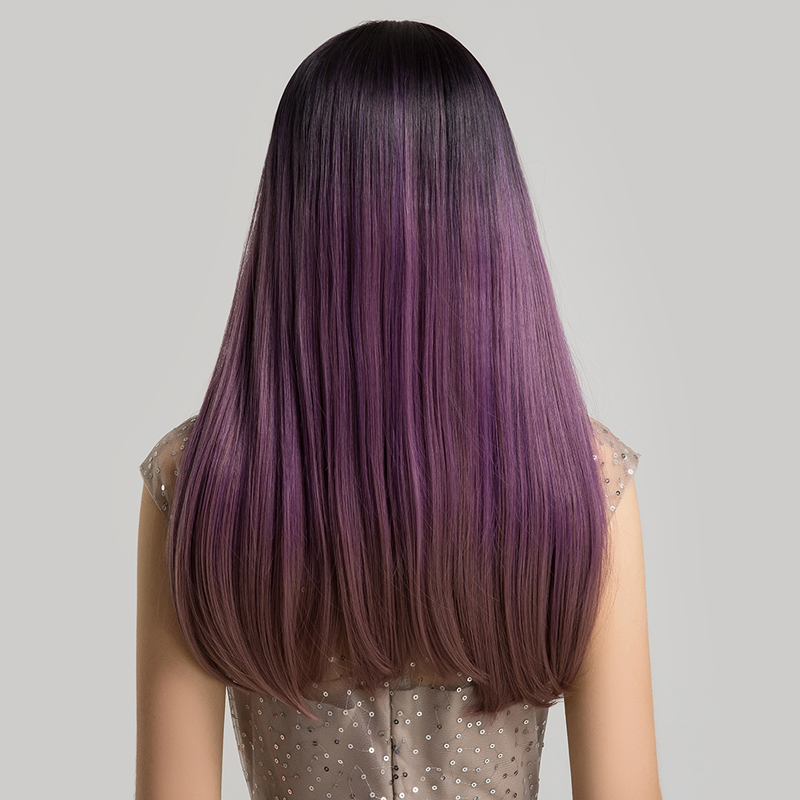Perruques Synthétiques Violettes Dégradées De Cheveux Longs Avec Frange Perruques Pour Femmes display picture 2