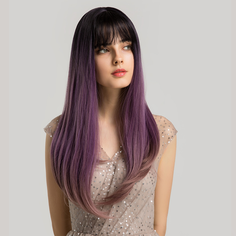 Pelucas Sintéticas De Color Púrpura Degradado De Pelo Largo Y Liso Con Pelucas De Mujer Flequillo display picture 3