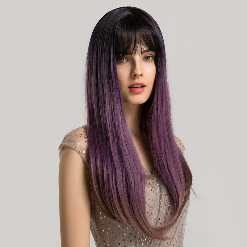 Perruques Synthétiques Violettes Dégradées De Cheveux Longs Avec Frange Perruques Pour Femmes display picture 4