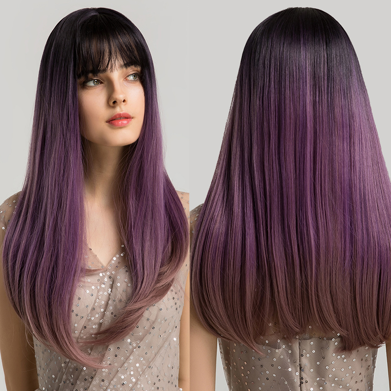 Perruques Synthétiques Violettes Dégradées De Cheveux Longs Avec Frange Perruques Pour Femmes display picture 5