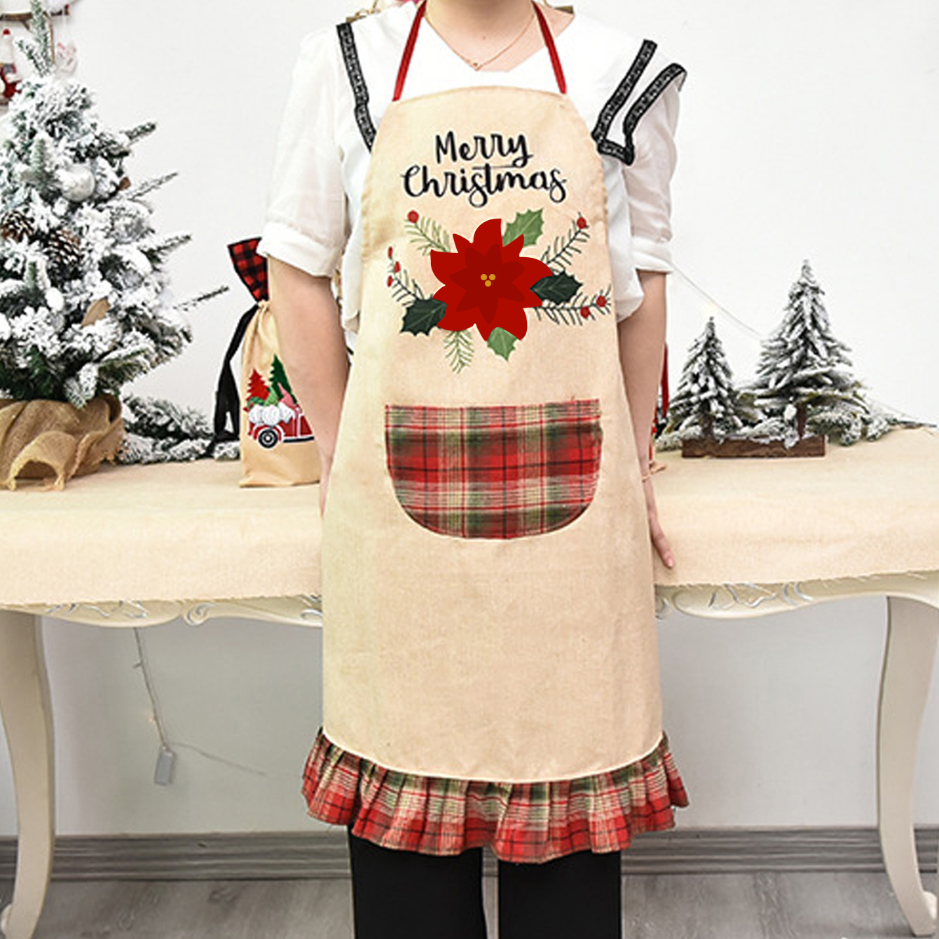 Christmas Printing Linen Machine-embroidered Apron display picture 2