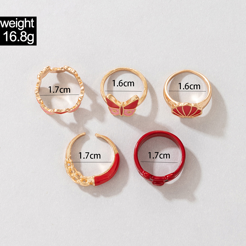New Peach Heart Pig Animal Combination Ring Heart Butterfly Scallop Red Oil Drop Ring Five-piece Set display picture 1