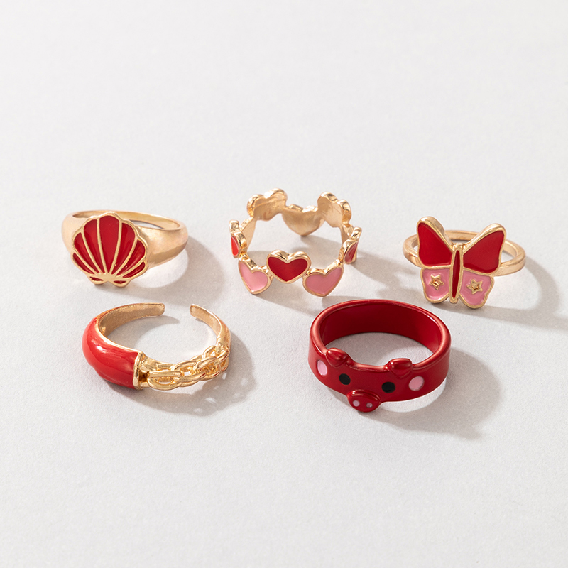 New Peach Heart Pig Animal Combination Ring Heart Butterfly Scallop Red Oil Drop Ring Five-piece Set display picture 6