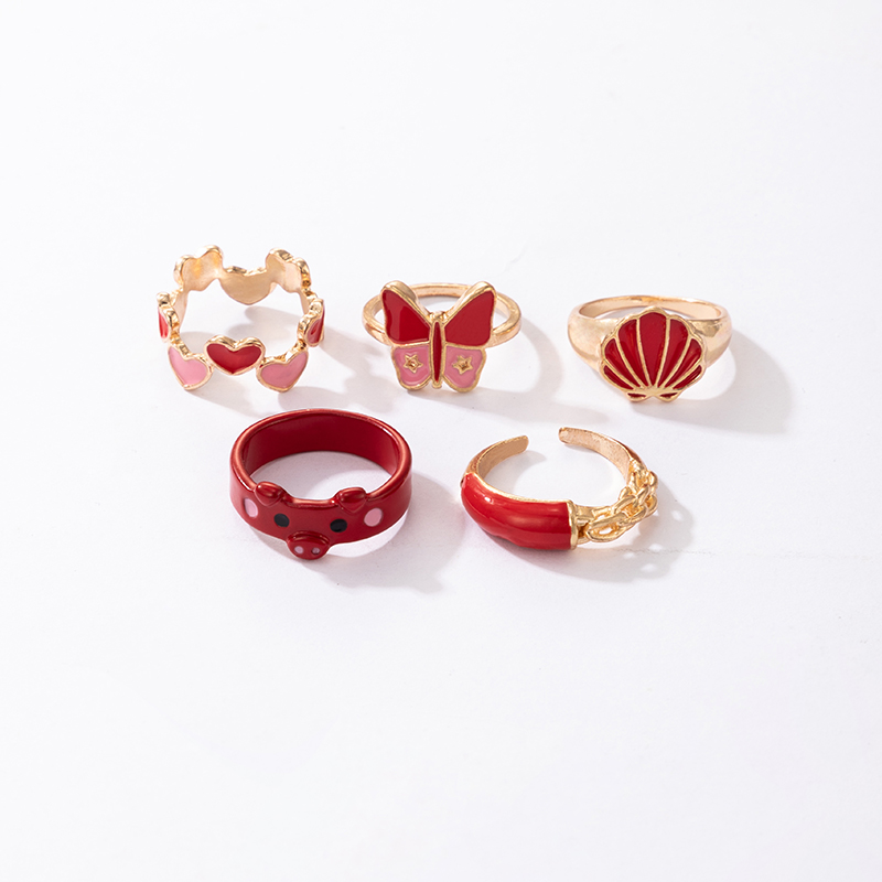 New Peach Heart Pig Animal Combination Ring Heart Butterfly Scallop Red Oil Drop Ring Five-piece Set display picture 7