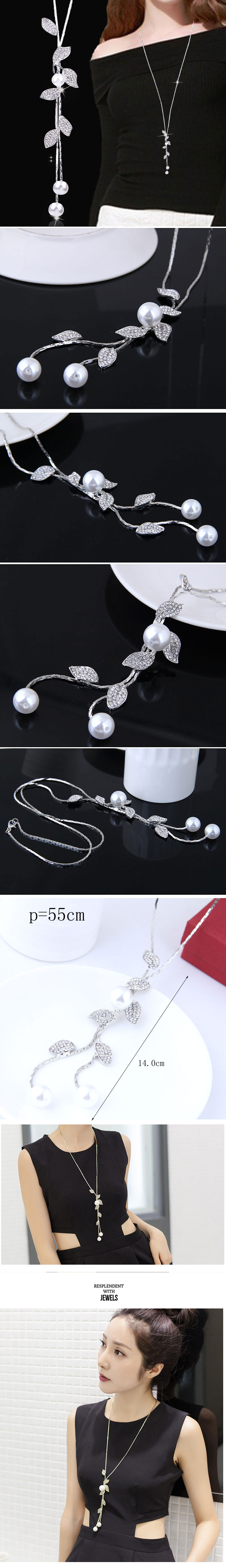 Korean Fashion Concise Leaf Flash Rhinestone Pearl Accessories Drop Ear Long Necklace Chain display picture 1