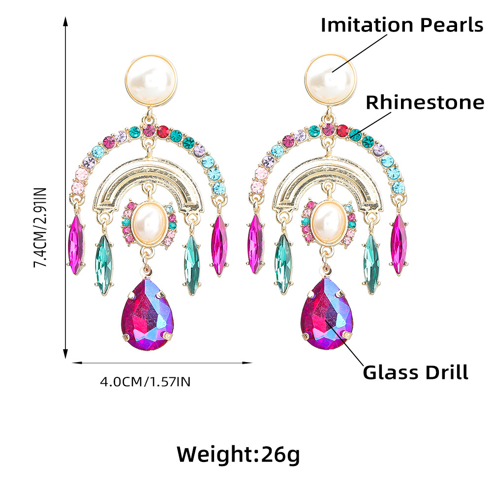 Fashion Color Diamond Series Multi-layer Arch Alloy Diamond Inlaid Pearl Earrings Exaggerated Earrings display picture 1