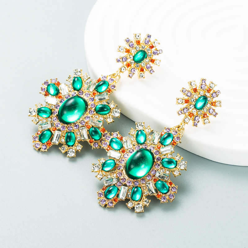 New Retro Palace Style Diamond Emerald Flower Earrings Exaggerated Temperament Earrings Accessories display picture 2