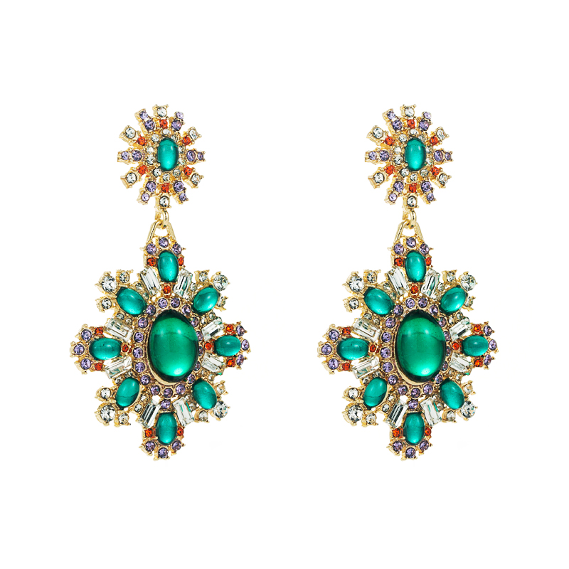 New Retro Palace Style Diamond Emerald Flower Earrings Exaggerated Temperament Earrings Accessories display picture 6