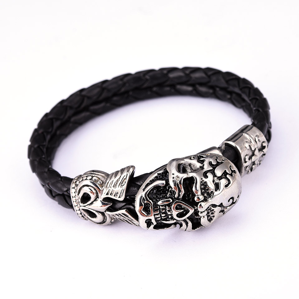 Men's Genuine Leather Titanium Steel Skull Bracelet display picture 1