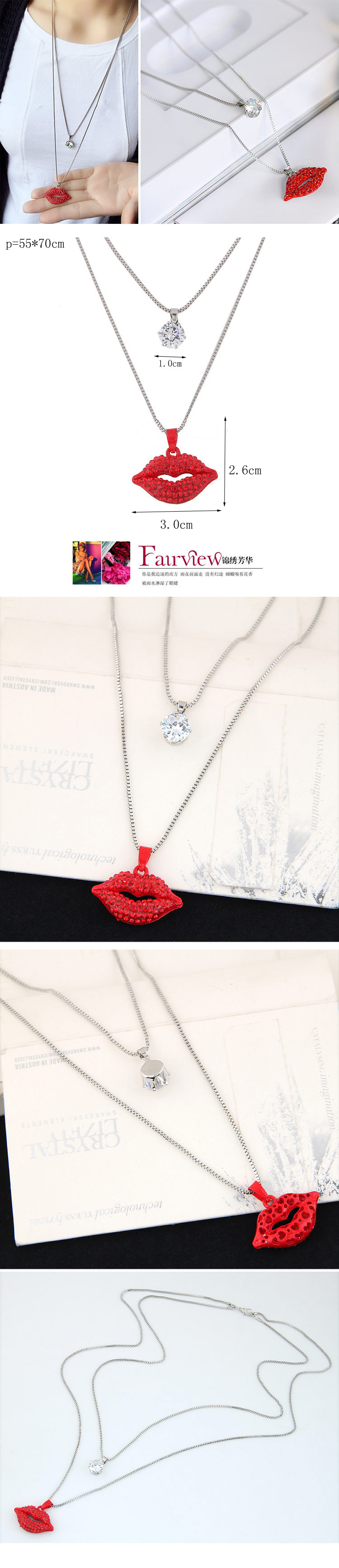 Korean Fashion Metal Simple Flashing Diamond Lips Double Long Necklace display picture 1