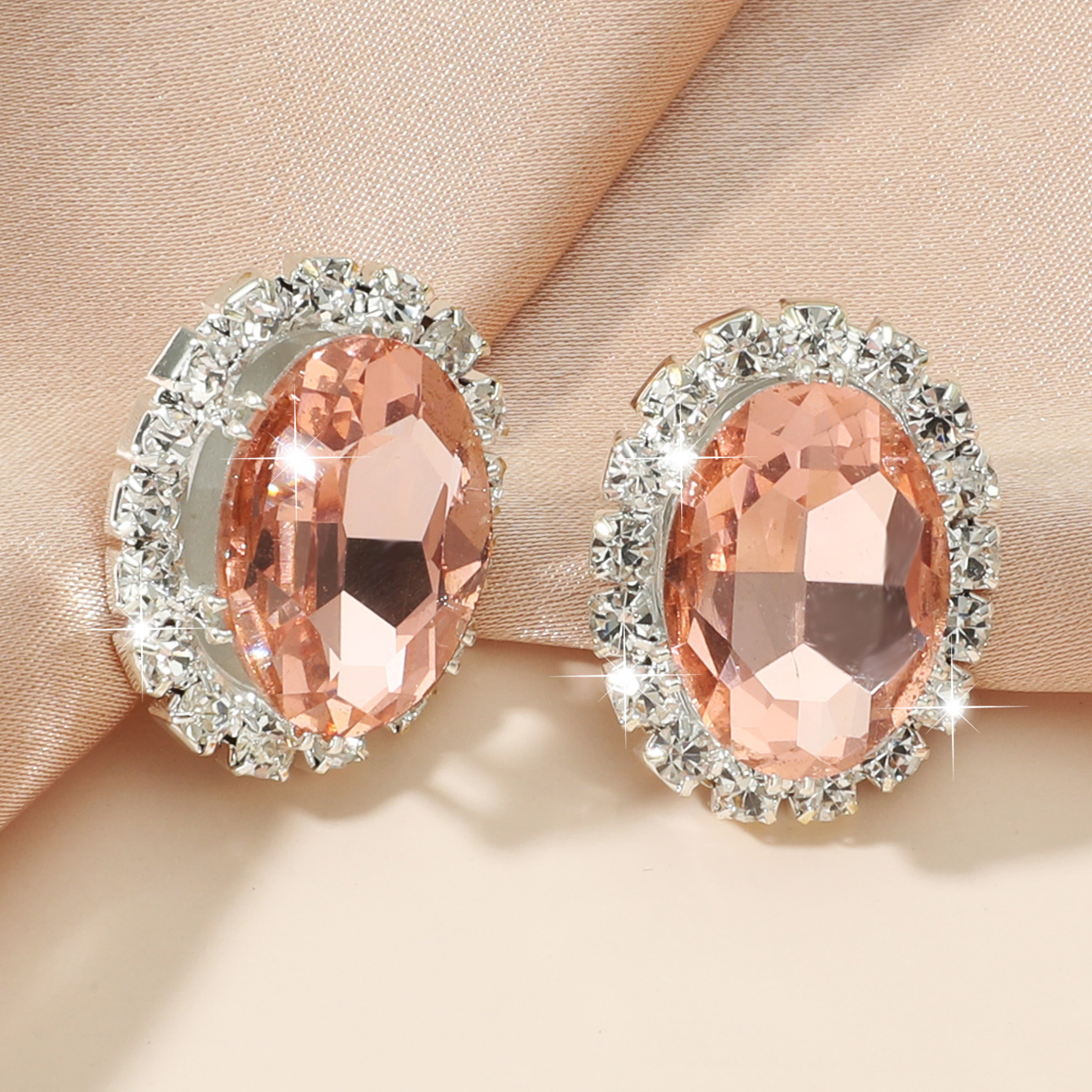 Pendientes De Botón De Gema Rosa Con Incrustaciones De Diamantes De Imitación Para Mujer display picture 1