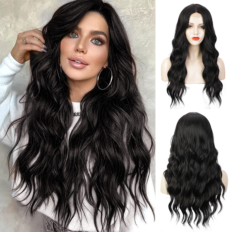 Long Black Wavy Wig For Women Synthetic Hair Heat Resistant Fiber Wig display picture 1