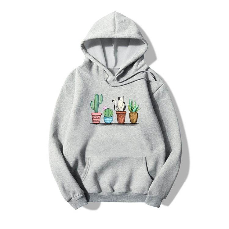 Langärmliges Fleece-sweatshirt Mit Katzen-pflanzen-pop-print Mit Kapuze display picture 3