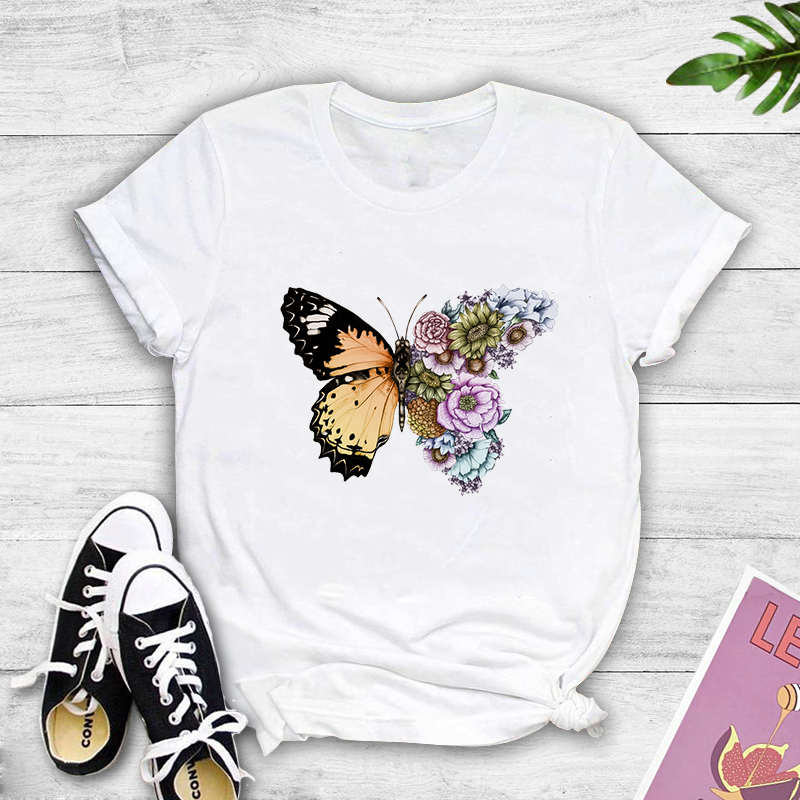 Round Neck Stitching Flower Butterfly Print Short-sleeved T-shirt display picture 1