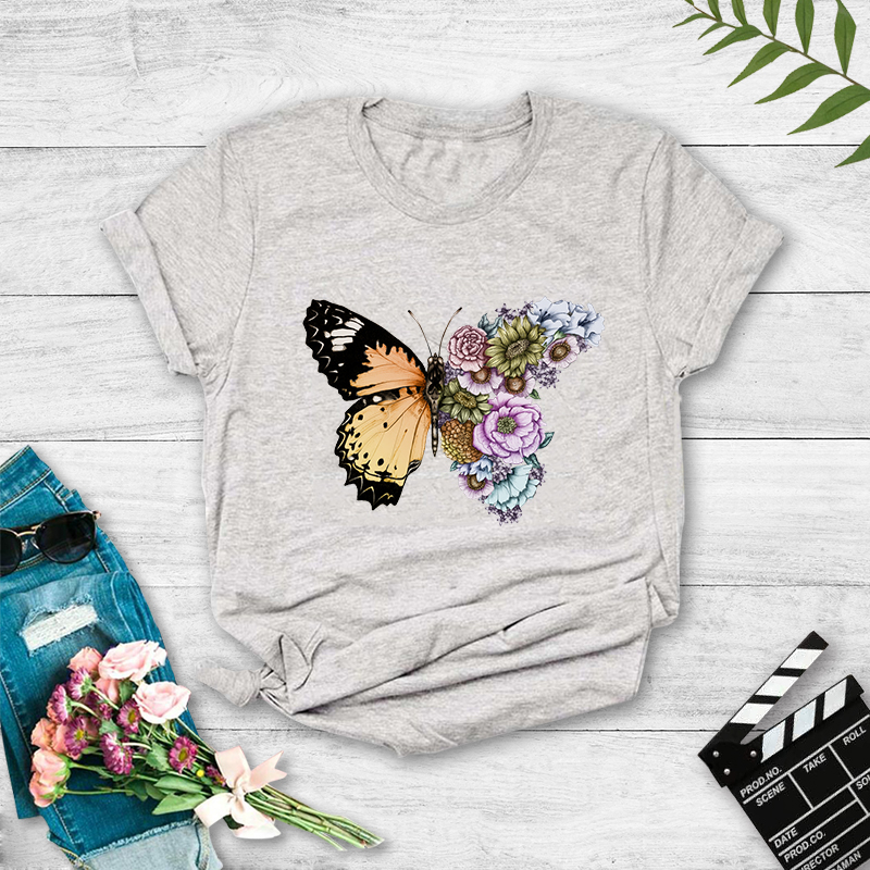 Round Neck Stitching Flower Butterfly Print Short-sleeved T-shirt display picture 3